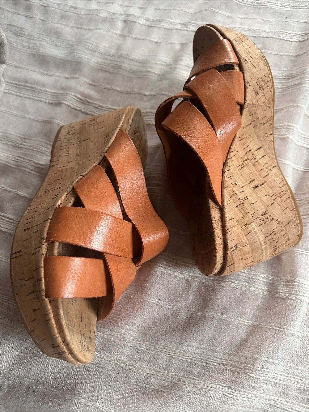 KORK-EASE Aria Tan Leather Crisscross Platform Wedge Sandals | 9